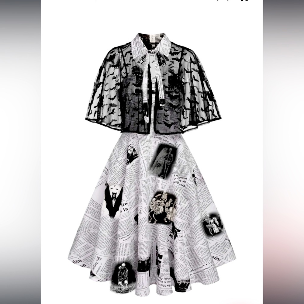Retro stage white 1950’s bat dress newspaper medium small
